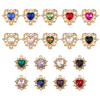 AHADERMAKER 8Pcs Rhinestone Pendants, with Plastic Beads and Alloy Findings, Cadmium Free & Lead Free, Heart, Light Gold, Mixed Color, 17.5~22.5x15~25.5x7~5mm, Hole: 1.4~3x2.5mm