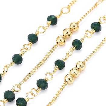 Handmade Brass Curb Chains, with Faceted Glass Links, Brass Beads and Spool, Soldered, Long-Lasting Plated, Real 18K Gold Plated, Dark Green, 1.7x1.3x0.4mm, Beads: 3.5x2.5~3mm and 3mm, about 32.8 Feet(10m)/roll