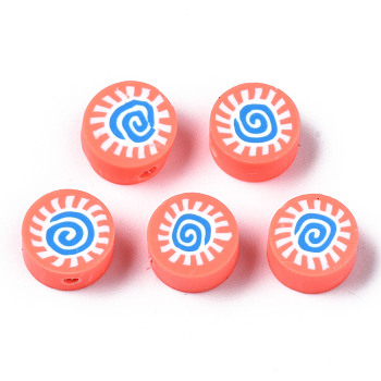 Handmade Polymer Clay Beads, for DIY Jewelry Crafts Supplies, Flat Round with Sun, Light Salmon, 9.5x4.5~5mm, Hole: 1.6mm