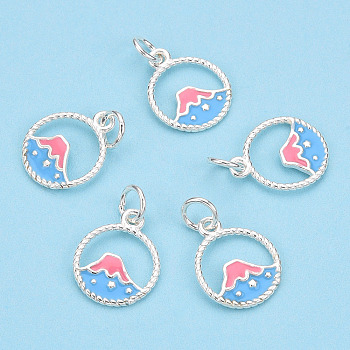 925 Sterling Silver Enamel Charms, with Jump Ring, Volcano, Light Sky Blue, 13x11x1mm, Hole: 3mm