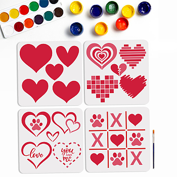 US 1 Set Valentine's Day PET Hollow Out Drawing Painting Stencils, with 1Pc Art Paint Brushes, for DIY Scrapbook, Photo Album, Heart, 300x300mm, 4pcs/set