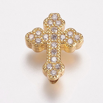 Brass Micro Pave Cubic Zirconia Beads, Cross, Clear, Golden, 15x12x4.5mm, Hole: 2mm