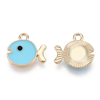 Light Gold Plated Alloy Pendants, with Enamel, Fish, Light Blue, 14x15x2mm, Hole: 1.6mm