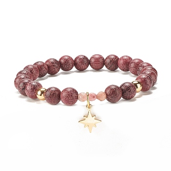 Synthetic Hematite & Natural Sandalwood & Rhodonite Stretch Bracelet with Brass Star, Gemstone Jewelry for Women, Indian Red, Inner Diameter: 2-1/4 inch(5.7cm)
