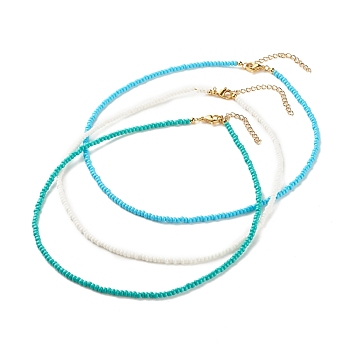 3Pcs Glass Seed Beaded Necklaces Set, Stackable Necklace for Women, Deep Sky Blue, 15.94~16.02 inch(40.5~40.7cm)