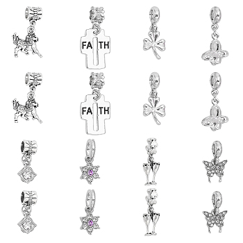 16Pcs 8 Styles Rack Plating Alloy Crystal Rhinestone European Dangle Charms, Large Hole Pendants, Butterfly & Snowflake & Clover, Mixed Shapes, Antique Silver & Platinum, 21.5~31.5mm, Hole: 4.5~5mm, 2pcs/style