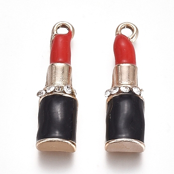 Light Gold Plated Alloy Enamel Pendants, Makeup Pendants, with Crystal Rhinestone, Lipstick, Black & Red, 24.5x7x4.5mm, Hole: 1.5mm