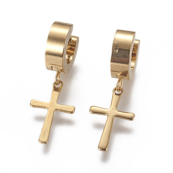 304 Stainless Steel Hoop Earrings, Hypoallergenic Earrings, Dangle Earrings, Cross, Golden, 27mm, Pin: 1mm