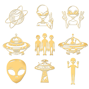 9Pcs Nickel Custom Self-adhesive Picture Stickers, Independence Day Metal Decals, Golden, Extra-Terrestrial, 40x40mm