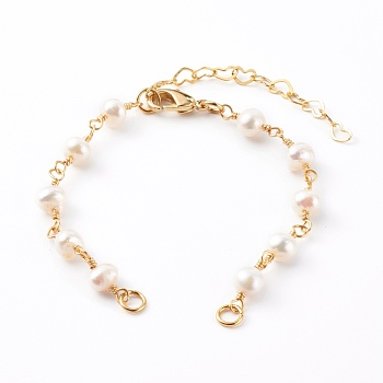 Brass Bracelet Making, with Natural Pearl Beads and Lobster Claw Clasps, White, Golden, 5-1/2~6 inch(14~15.2cm)