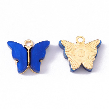 Alloy Acrylic Pendants, Butterfly, Light Gold, Blue, 14x16.5x3mm, Hole: 1.6mm