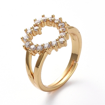 Adjustable Brass Finger Rings, with Micro Pave Cubic Zirconia, Hollow Heart, Golden, Size 7, 17mm