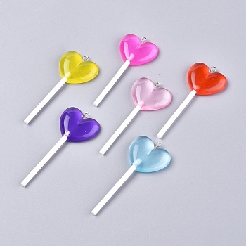 Resin Big Pendants, with Platinum Plated Iron Loop, Imitation Lollipop, Heart, Mixed Color, 71~73x29x7mm, Hole: 2mm