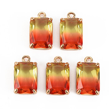 Gradient Color Glass Pendants, with Brass Prong Settings, Faceted, Rectangle, Light Gold, Orange Red, 17x10x5.5mm, Hole: 1.6mm