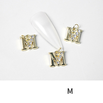 Alloy Rhinestone Cabochons, Nail Art Decoration Accessories, with Jump Ring, Letter, Golden, Letter.M, 11~14x5~12mm
