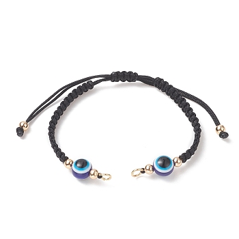 Adjustable Braided Nylon Thread Link Bracelet Making, with Resin Evil Eye, Real 18K Gold Plated Brass Beads & 304 Stainless Steel Jump Rings, Black, 6 inch(15.2cm), Hole: 3mm