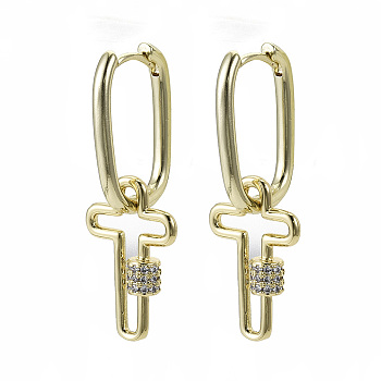 Brass Micro Pave Clear Cubic Zirconia Dangle Huggie Hoop Earrings, Nickel Free, Cross, Real 18K Gold Plated, 35mm, Pin: 1x1mm