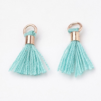 Polycotton(Polyester Cotton) Tassel Pendant Decorations, Mini Tassel, with Brass Findings, Light Gold, Turquoise, 10~15x3~4mm, Hole: 2mm
