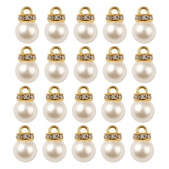 50Pcs Acrylic Pearl Pendants, with Crystal Rhinestone and Golden Tone Iron Loop, Round, White, 15x10mm, Hole: 2mm, 50Pcs/Bag