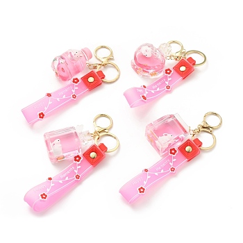 Floating Creative Liquid Filled Acrylic Bottle Keychain, Cute Cartoon Rabbit Keychain, with Alloy Findings, Pearl Pink, 20.4~22.2cm