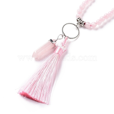 Natural Rose Quartz Bullet & Tassel Pendant Necklace with Mixed Gemstone Beaded Chains(NJEW-E585-02E)-4