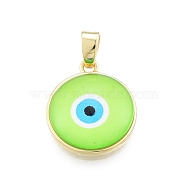 Glass Pendants, with Golden Plated Brass Findings, Flat Round with Evil Eye, Lime, 19x16.5x5mm, Hole: 5x3.5mm(KK-I691-04A)