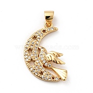 Rack Plating Brass Micro Pave Cubic Zirconia Pendants, Long-Lasting Plated, Lead Free & Cadmium Free, Moon & Bird, Real 18K Gold Plated, 24x16x2.5mm, Hole: 3.5x4mm(ZIRC-F129-36G)