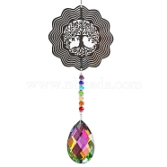 Metal 3D Tree of Life Rotating Wind Spinners, Glass Teardrop Charms for Outdoor Garden Hanging Decoration, Colorful, 280x100mm(PW-WG62352-01)