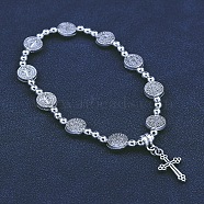 Alloy Cross Charm Bracelet, with Saint Benedict Link Chains, Platinum, 7-7/8 inch(20cm)(PW-WGC5E24-01)