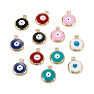 Brass Enamel Charms, with Jump Ring, Real 18K Gold Plated, Long-Lasting Plated, Lead Free & Nickel Free & Cadmium Free, Flat Round with Evil Eye, Mixed Color, 13x10x2.5mm, Hole: 1.2mm(KK-C223-16G)
