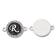 Alloy Enamel Links Connectors, with Crystal Rhinestones, Flat Round with Letter, Silver Color Plated, Letter.R, 22x16x2mm, Hole: 1.8mm(ENAM-TAC0003-01S-02R)