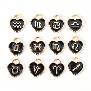 Light Gold Plated Alloy Enamel Pendants, Twelve Constellations, Heart, Black, 14x12x1.8mm, Hole: 4mm, about 12pcs/set(ENAM-R055-05B)