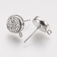 Brass Ear Stud Findings, with Druzy Resin Cabochon and Loop, Flat Round, Platinum, Silver, 12.5x10mm, Hole: 1mm, Pin: 0.7mm(KK-P145-J06-P)