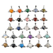 Natural & Synthetic Mixed Gemstone with Clear Cubic Zirconia Pendants, Heart & Wing Charms with Rack Plating Brass Findings, Platinum, Cadmium Free & Lead Free, Mixed Dyed and Undyed, 25x31.5x8.5~9mm, Hole: 7.9x5mm(G-G133-02P)