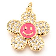 Brass Micro Pave Clear Cubic Zirconia Pendants, with Enamel and Jump Rings, Long-Lasting Plated, Flower with Smiling Face, Real 18K Gold Plated, Deep Pink, 24x22x3mm, Hole: 3mm(X-KK-I683-05B)