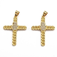 Brass Micro Pave Clear Cubic Zirconia Pendants, Long-Lasting Plated, Cross, Real 18K Gold Plated, 36x26.5x3mm, Hole: 3.5x5.5mm(ZIRC-J025-44G)