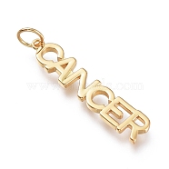 Brass Pendants, with Jump Rings, Long-Lasting Plated, Constellation/Zodiac Sign, Word, Cancer, 34x7x2mm, Hole: 4.5mm(X-ZIRC-I048-15G-07)