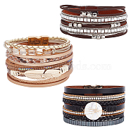 3Pcs 3 Style PU Leather Multi-strand Bracelets Set, Natural Shell & Glass Beaded Punk Bracelets for Men Women, Mixed Color, 7-1/2 inch(19cm), 1Pc/style(BJEW-AN0001-04)