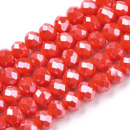 Electroplate Glass Beads Strands, Pearl Luster Plated, Faceted, Rondelle, Red, 6x5mm, Hole: 1mm, about 85~88pcs/strand, 16.1~16.5 inch(41~42cm)(X1-EGLA-A034-P6mm-A10)