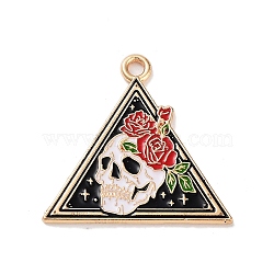 Halloween Alloy Enamel Pendants, Golden, Triangle with Skull & Rose, 25x26x1.5mm, Hole: 2mm(X-FIND-B036-04A)