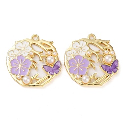 Rack Plating Alloy Enamel Pendants, with ABS Imitation Pearl, Golden, Flat Round with Flower Charm, Orchid, 28x27.5x5mm, Hole: 2mm(FIND-Q099-06G-01)