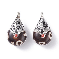 Tibetan Style Teardrop Beads, Resin Imitation Beeswax, with Antique Silver Brass Findings, Black, 34x21x13mm, Hole: 5mm(PALLOY-F127-C-01)