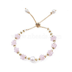 Natural Pearl & Glass Braided Slider Bracelet, Beaded Crochet Adjustable Bracelet for Women, Pink, Inner Diameter: 1-3/4 inch(4.5cm)(BJEW-N018-01E)