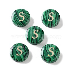 Synthetic Malachite Beads, with Golden Tone Brass Slices, Flat Round with Letter, Letter S, 15x5mm, Hole: 1.4mm(G-A238-01S)