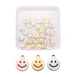 30Pcs 3 Colors 304 Stainless Steel Charms, Manual Polishing, Hollow, Flat Round with Smile, Mixed Color, 8x6x1mm, Hole: 0.8mm, 10pcs/color(STAS--LS0001-26)