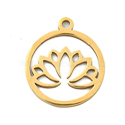 Ion Plating(IP) 201 Stainless Steel Pendants, Ring with Lotus Charm, Laser Cut, Real 18K Gold Plated, 17.5x15x1mm, Hole: 1.5mm(STAS-M015-08G)