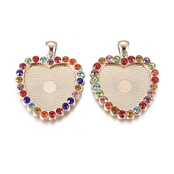 Electrophoresis Alloy Pendant Cabochon Settings, Plain Edge Bezel Cups, with Rhinestone, Heart, Colorful, Light Gold, Tray: 23.5x24.5mm, 42x33.5x3.5mm, Hole: 4x5mm