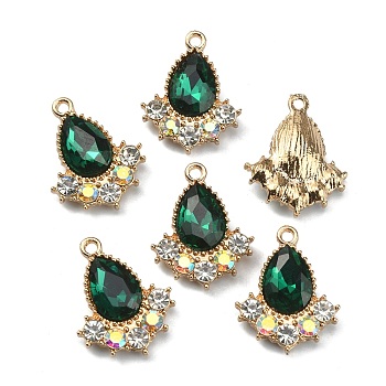 Glass Rhinestone Pendants, with Light Gold Plated Zinc Alloy Findings, Teardrop Charms, Emerald, 20x16x5mm, Hole: 1.5mm