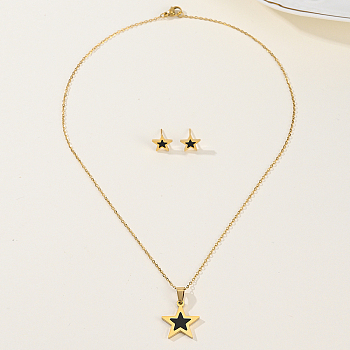 Casual Fashion Stainless Steel Star Stud Earrings & Necklaces Set for Women, Real 18K Gold Plated