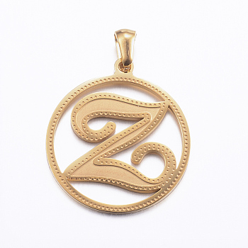Ion Plating(IP) 304 Stainless Steel Pendants, Flat Round with Letter, Golden, Letter.Z, 28x25x1.2mm, Hole: 6x3.5mm